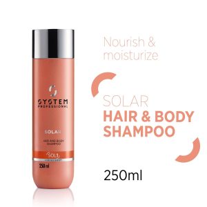 Solar Hair & Body Shampoo bottle by System Professional—peach cylindrical bottle with silver cap, 250 ml, on white background, product label visible.