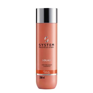 Copper-colored System Professional Solar shampoo bottle with a silver cap, 250 ml, on a white background