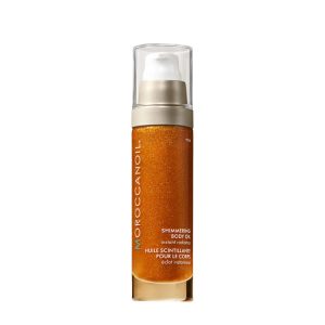 Moroccanoil Shimmering Body Oil bottle with orange glittery liquid and clear pump cap (informative product image).