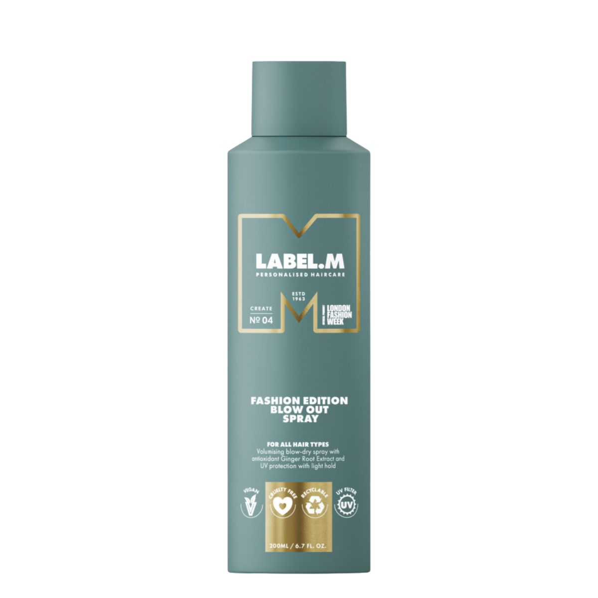 Label.m Blow Out Spray 200ml Bottle of LABEL.M Fashion Edition Blow Out Spray, teal container with gold accents and white text.