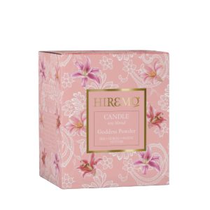 Pink floral gift box for a candle, gold-framed label with 'HIREMO' on the front.