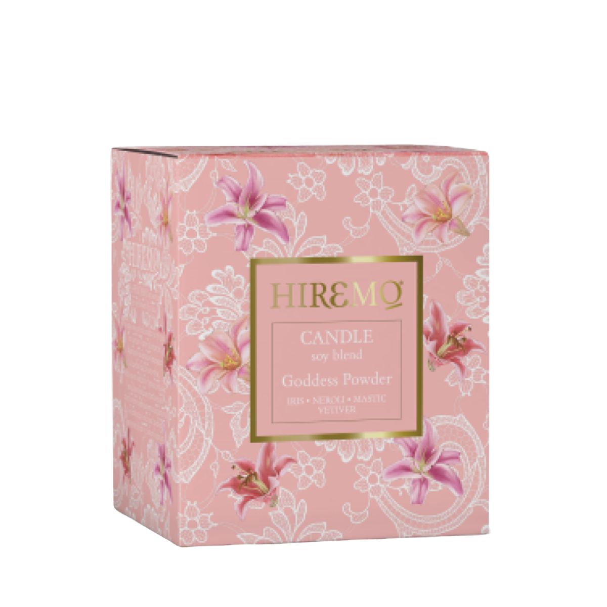 Eolia Hiremo Soy Blend Candle Goddess Powder Pink floral gift box for a candle, gold-framed label with 'HIREMO' on the front.