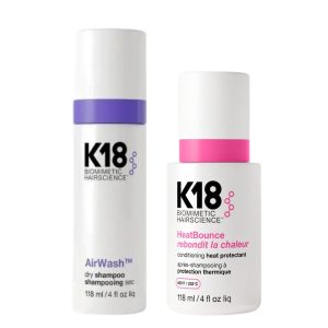 K18 Busy Lifestyle Saver Styling Set (Air Wash Dry Shampoo 118ml, HeatBounce conditioning heat protectant 118ml)