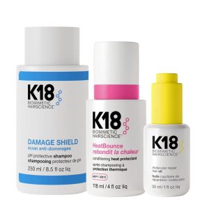 K18 Maintenance Days Set (K18 Damage Shield Protective Shampoo 250ml, Molecular Repair Hair Oil 30ml & K18 HeatBounce Conditioning Heat Protectant 118ml)