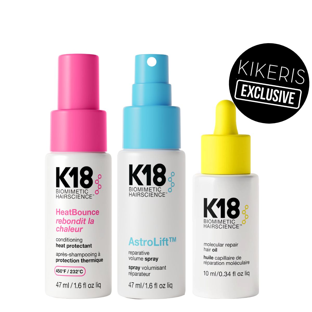 K18 Styling Intro Set (mini HeatBounce conditioning heat protectant 47ml, mini AstroLift Reparative Volume Spray 47ml, Molecular repair hair oil 10ml) K18 Styling Intro Set (mini HeatBounce conditioning heat protectant 47ml, mini AstroLift Reparative Volume Spray 47ml, Molecular repair hair oil 10ml)