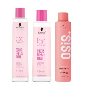 Three Schwarzkopf Bonacure Color Freeze bottles (shampoo and conditioner) and an Osis+ volume spray can, pink packaging visible.