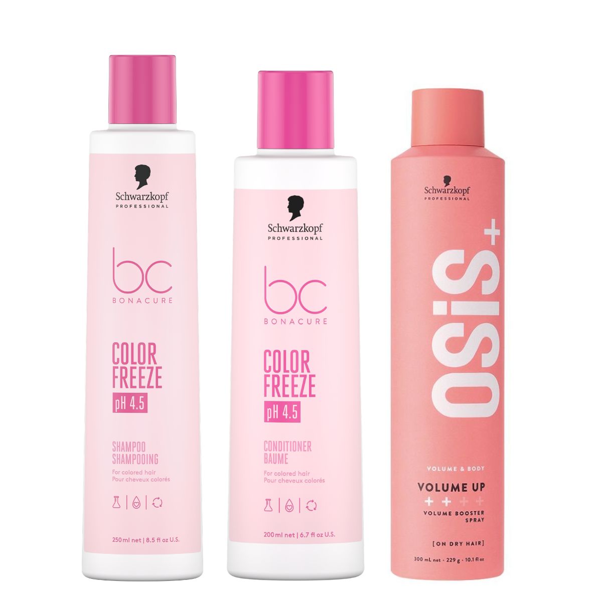 Schwarzkopf Professional Colored Hair Set (Bonacure Shampoo 250ml, Conditioner 200ml, Osis+ Spray 300ml) Three Schwarzkopf Bonacure Color Freeze bottles (shampoo and conditioner) and an Osis+ volume spray can, pink packaging visible.