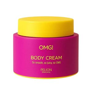 Κρέμα σώματος PĒLION OMG! 200ml με έντονο ροζ και κίτρινο καπάκι.