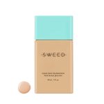 SWEED Glass Skin Foundation bottle with a turquoise cap and a dab of beige foundation beside it on a white background.