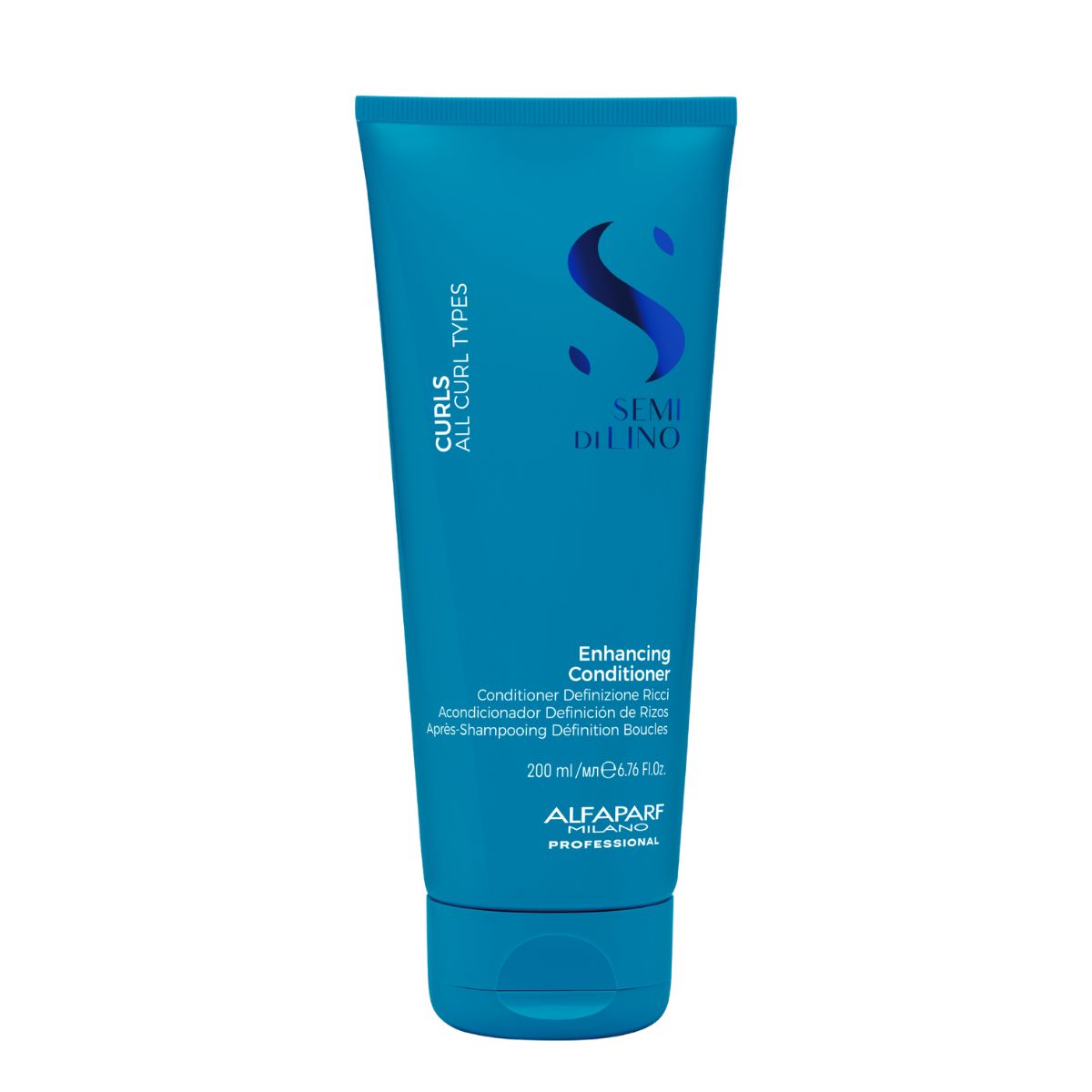 Alfaparf Milano Professional Semi di Lino Curls Enhancing Conditioner 200ml Blue squeeze tube of Alfaparf Milano Semi Di Lino Enhancing Conditioner for all curl types, 200 ml.