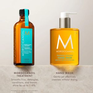 Two Moroccanoil bottles: left is a brown Moroccanoil Treatment with turquoise label, right is an orange Hand Wash with pump.