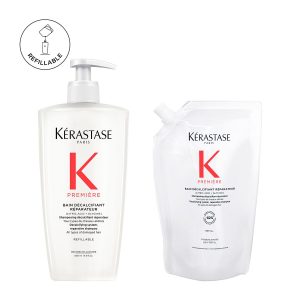 Kérastase Paris hair care set: a white pump bottle and a white refill pouch with red 'K' logo and text 'Première'
