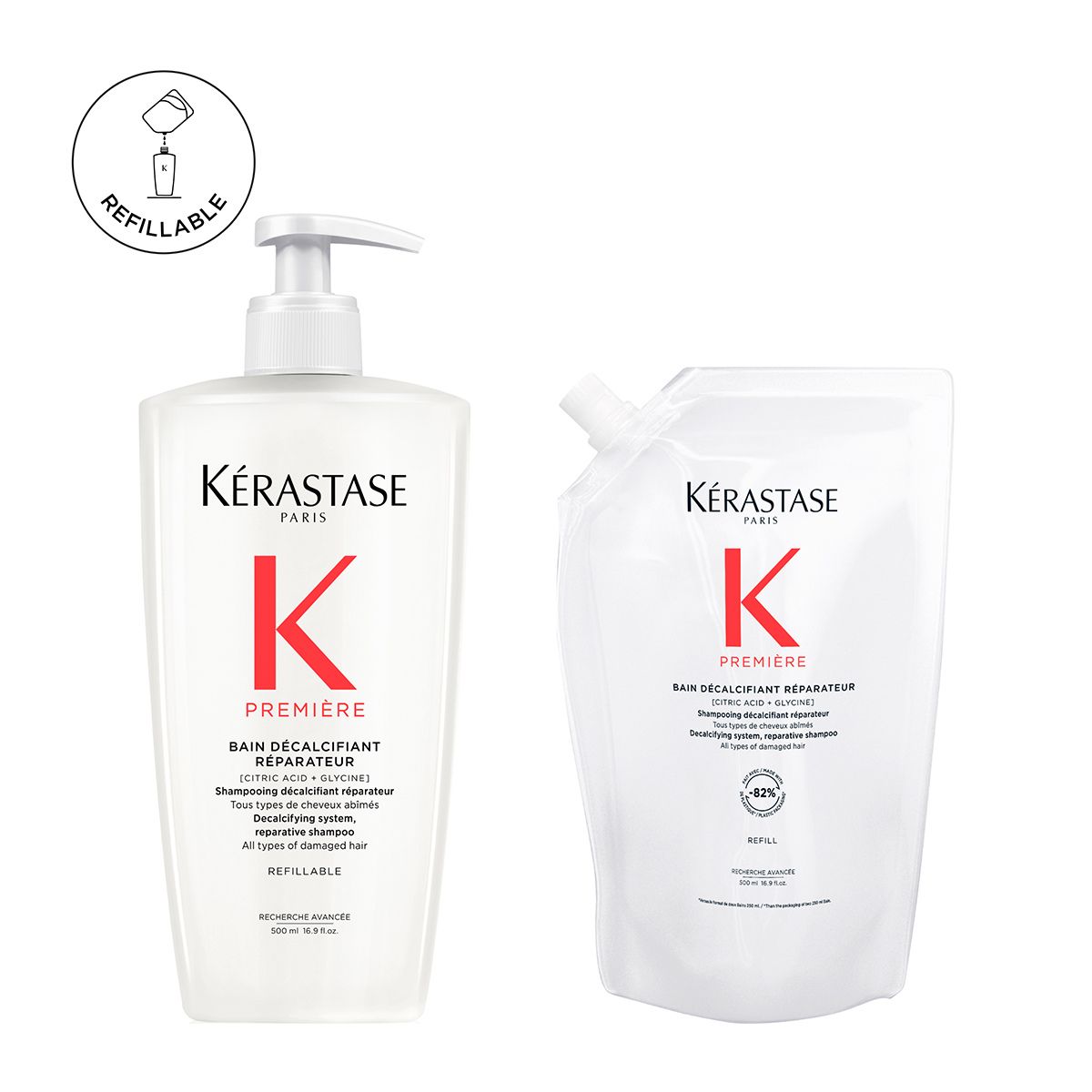 Kérastase Première Refillable & Refill Σαμπουάν Bain Décalcifiant Réparateur για Ταλαιπωρημένα Μαλλιά Kérastase Paris hair care set: a white pump bottle and a white refill pouch with red 'K' logo and text 'Première'
