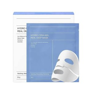 Blue sachet labeled Hydro Cera-Nol Real Deep Mask with a white sheet mask graphic.