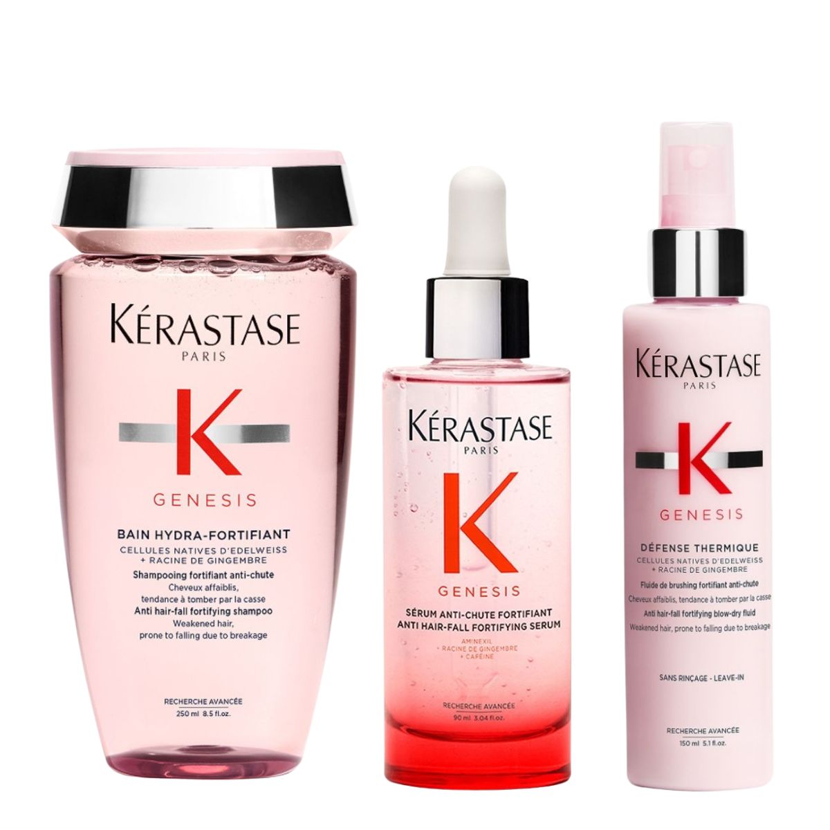 Kérastase Genesis Set Κατά Της Τριχόπτωσης (Bain 250ml, Oρός Ενδυνάμωσης 90ml & Θερμοπροστατευτικό Σπρέι 150ml) Three pink Kérastase Genesis hair care bottles (shampoo, serum, leave‑in) arranged side by side against a white background in a product photo.