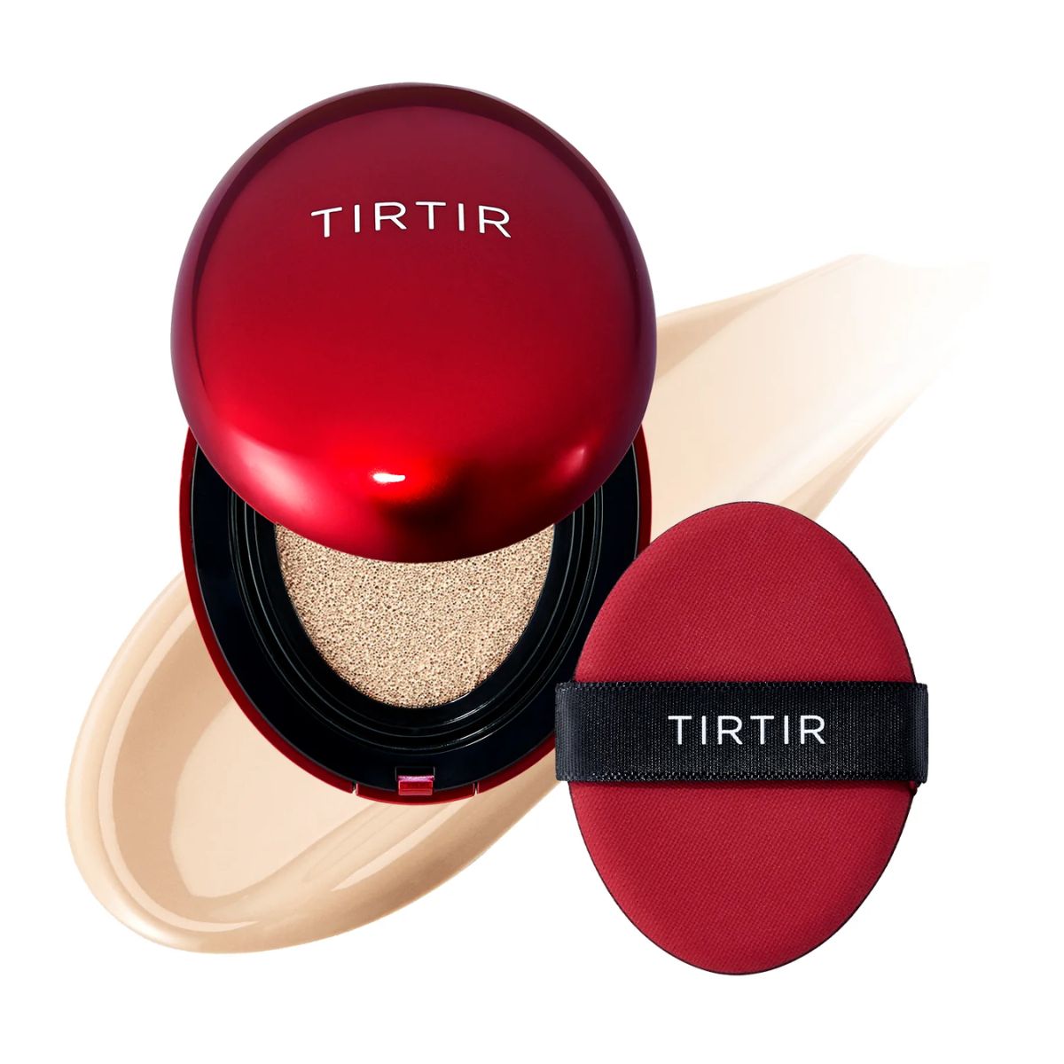 Tirtir Mask Fit Red Cushion 17n vanilla Red TIRTIR cushion foundation compact with accompanying red applicator puff labeled TIRTIR.