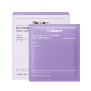 Purple Biodance Real Deep Mask packaging for a rejuvenating caviar sheet mask (lavender color)