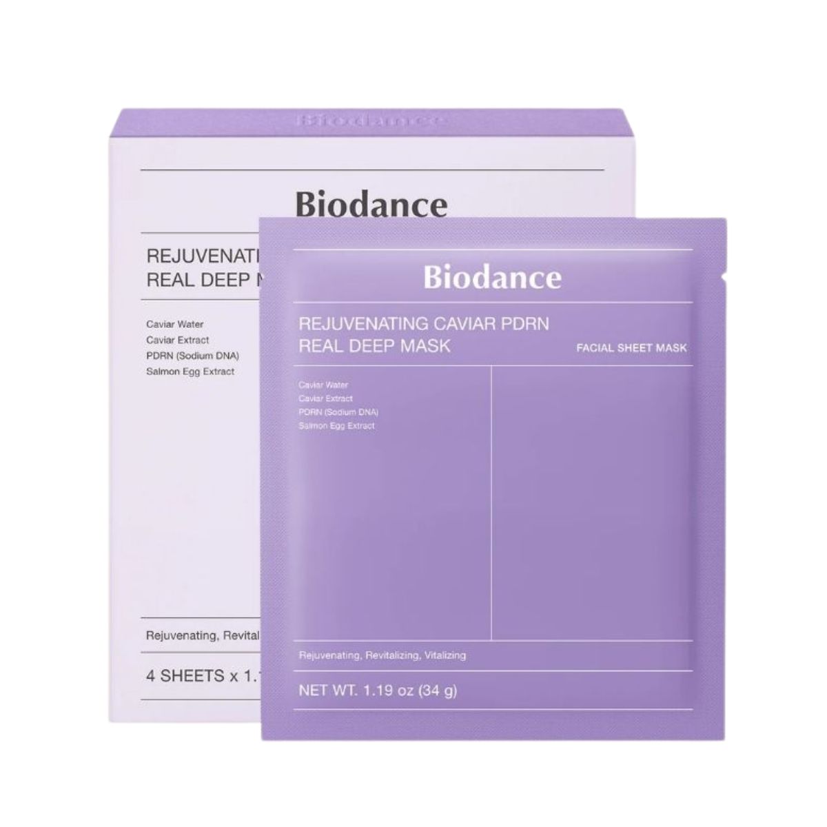 Biodance Rejuvenating Caviar PDRN Real Deep Mask 34g Purple Biodance Real Deep Mask packaging for a rejuvenating caviar sheet mask (lavender color)