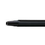 Close-up of a black cylindrical pen with a silver metal tip against a white background.
