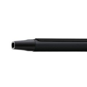 Close-up of a black cylindrical pen with a silver metal tip against a white background.
