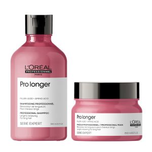L’Oréal Professionnel Pro Longer shampoo and professional mask in pink bottles with black caps, shown side by side.