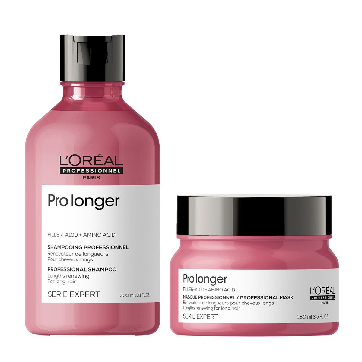 L'Oréal Professionnel Serie Expert Pro Longer Σετ Κατά Της Ψαλίδας (Σαμπουάν 300ml & Μάσκα 250ml) L’Oréal Professionnel Pro Longer shampoo and professional mask in pink bottles with black caps, shown side by side.