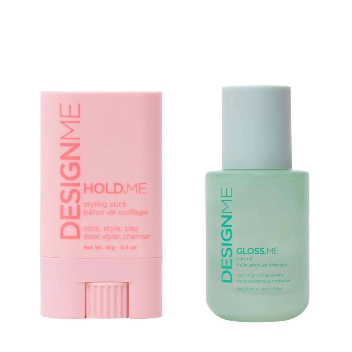DESIGNME Perfect Slick Back Set (HOLD.ME Styling Stick 19gr, GLOSS.ME Hair Oil 25ml) Two Design.Me hair styling products: pink Hold.Me styling stick and mint Gloss.Me hair oil side by side on white background.