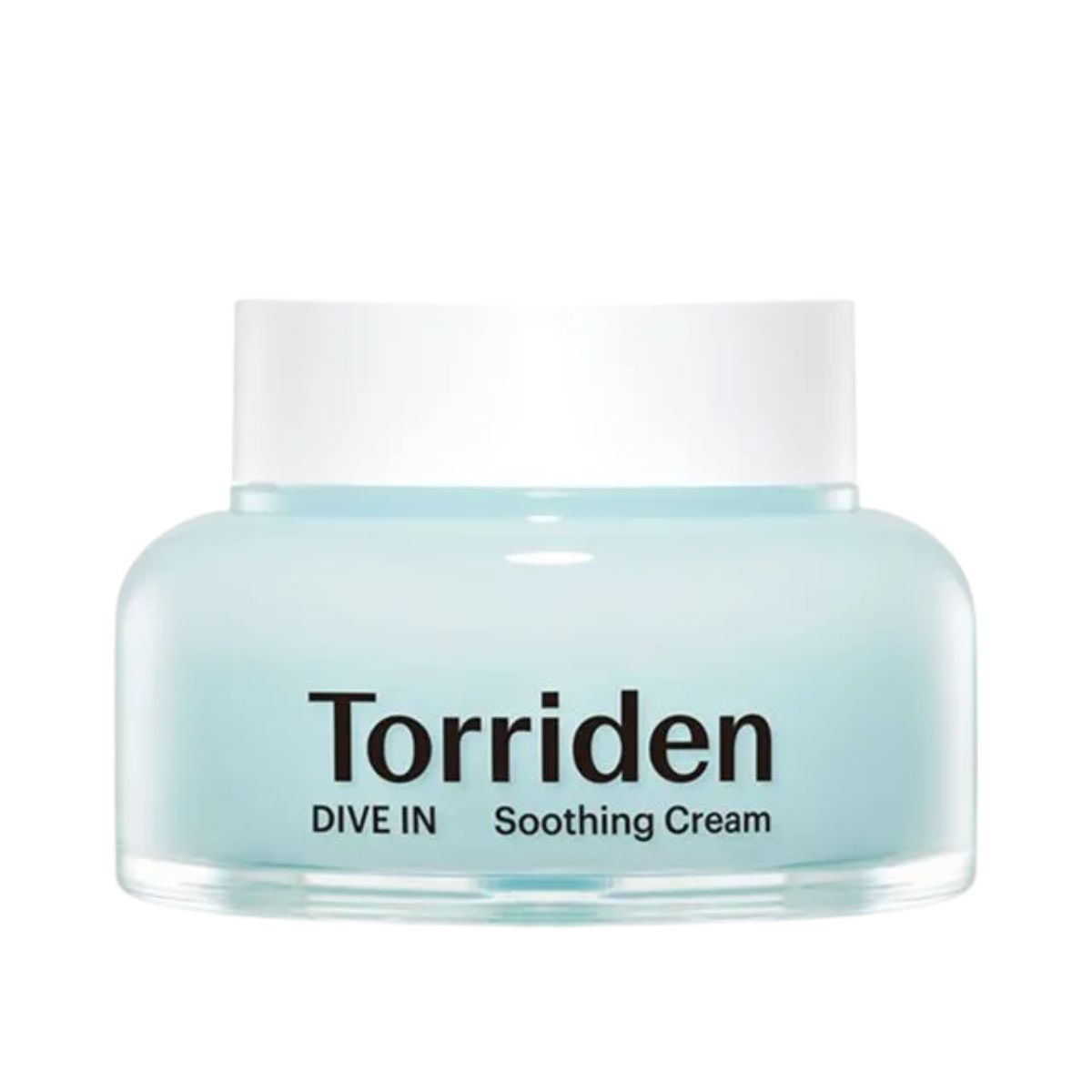 Torriden DIVE-IN Low Molecular Hyaluronic Acid Soothing Cream 100ml Torriden Dive In Soothing Cream in a wide glass jar with a white lid and pale blue cream inside