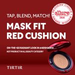Red beauty ad for TIRTIR with an open red cushion compact on the lower right, bold white text reading 'MASK FIT RED CUSHION' and an Allure award badge in the upper right.