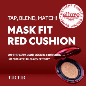 Red beauty ad for TIRTIR with an open red cushion compact on the lower right, bold white text reading 'MASK FIT RED CUSHION' and an Allure award badge in the upper right.