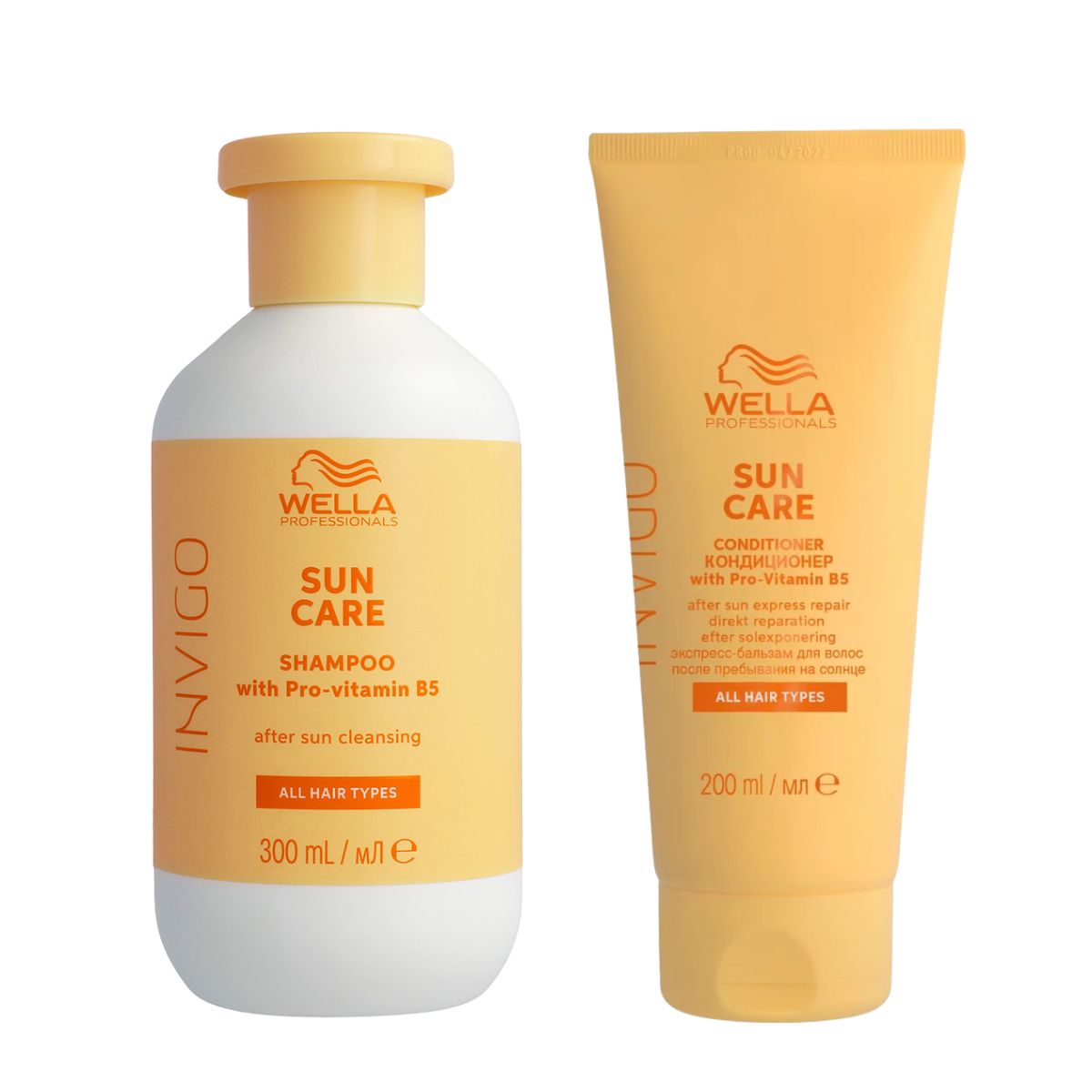 Wella Professionals Invigo Sun Care Set (Shampoo 300ml, Conditioner 200ml) Two Wella Sun Care hair products: a shampoo bottle (300 ml) and a conditioner tube (200 ml) in yellow packaging on white background with orange labels.