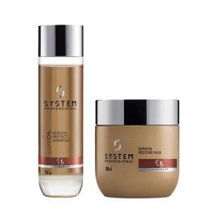 System Professional Keratin Protect Shampoo bottle and Keratin Restore Mask jar, gold packaging with silver caps, hair care duo