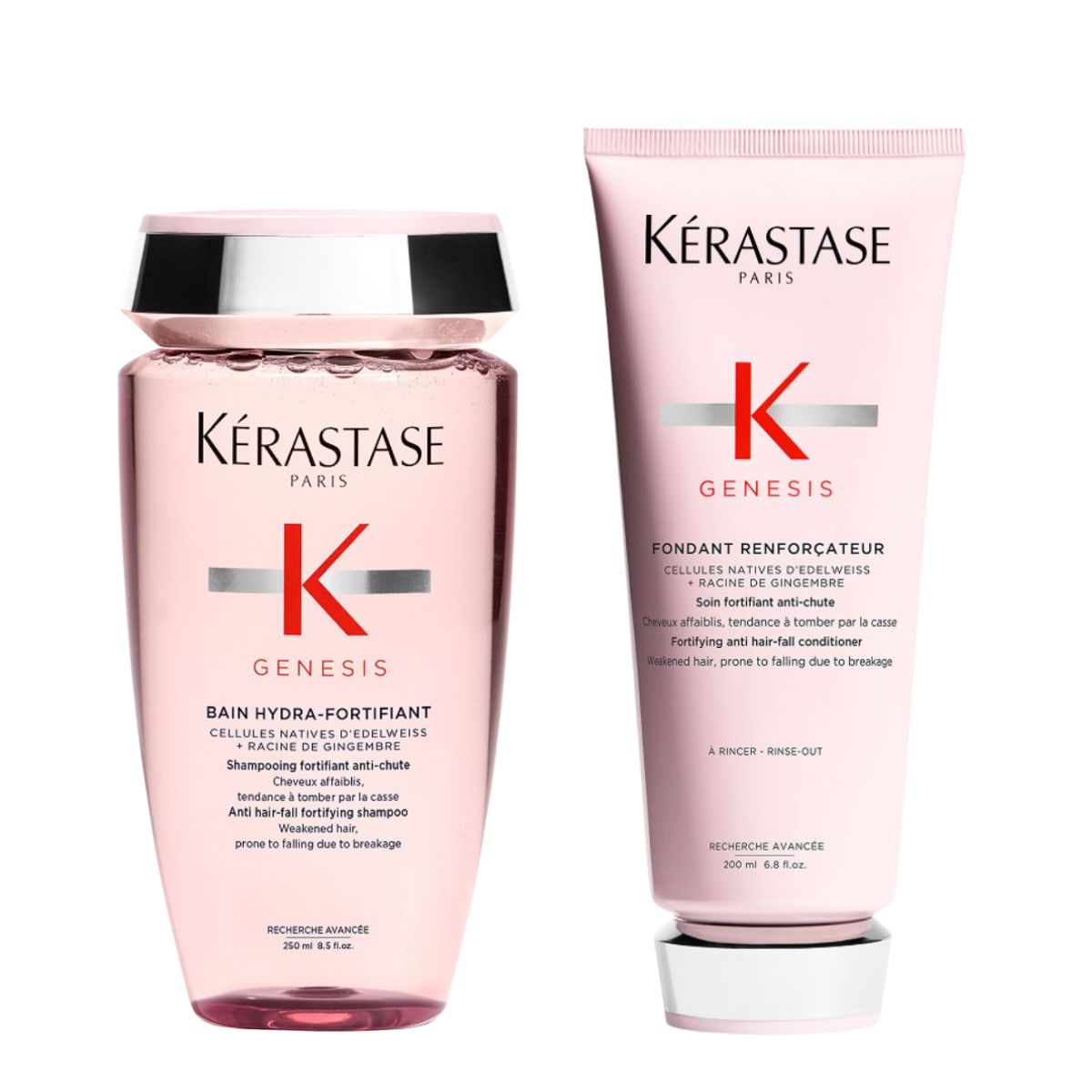 Kérastase Genesis Set Κατά Της Τριχόπτωσης (Bain 250ml & Conditioner 200ml) Two pink Kerastase Genesis hair care bottles—fortifying shampoo and fortifying conditioner for weakened hair.