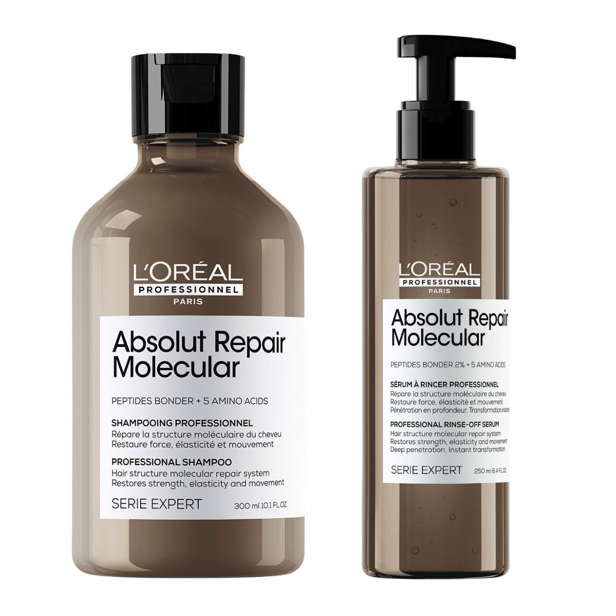 L'Oréal Professionnel Serie Expert Absolut Repair Molecular Σετ Επανόρθωσης & Αναδόμησης (Σαμπουάν 300ml & Serum 250ml) Two L’Oréal Professionnel Absolut Repair Molecular hair care bottles (shampoo and serum) on a white background