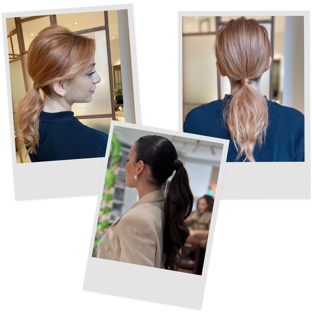 Side profile of a woman with a peach-blonde low ponytail in a salon, wearing a dark ribbed top, warm lighting behind.