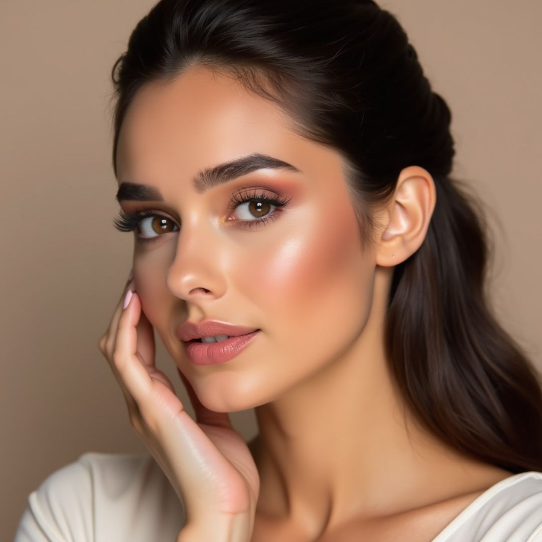 Close-up of a woman with flawless makeup, soft pink lips, and warm-toned blush touching her cheek with her hand near her face.