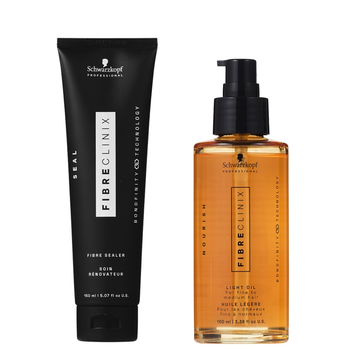 Schwarzkopf Professional Fibre Clinix Bondfinity set Schwarzkopf Professional Fibre Clinix hair care duo: a black Fibre Clinix seal tube and an orange Fibre Clinix Nourish light oil bottle side by side.