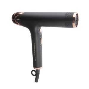 Black hair dryer with rose-gold trim viewed from the side, cord loop at the bottom edge of the handle