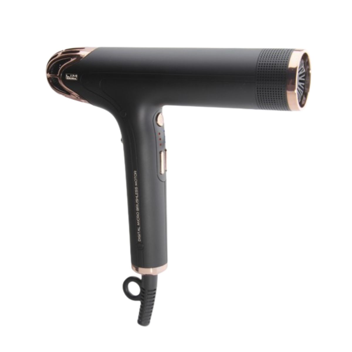 Lim Hair DG Επαγγελματικό Σεσουάρ Μαλλιών 2000W Black hair dryer with rose-gold trim viewed from the side, cord loop at the bottom edge of the handle