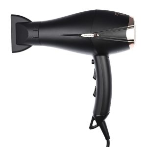 Black handheld hair dryer with a nozzle attachment and attached power cord, shown from the side