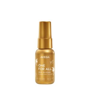 Gold spray bottle of AVEDA One For All Leave-In Elixir (30 ml) on a white background, product photo