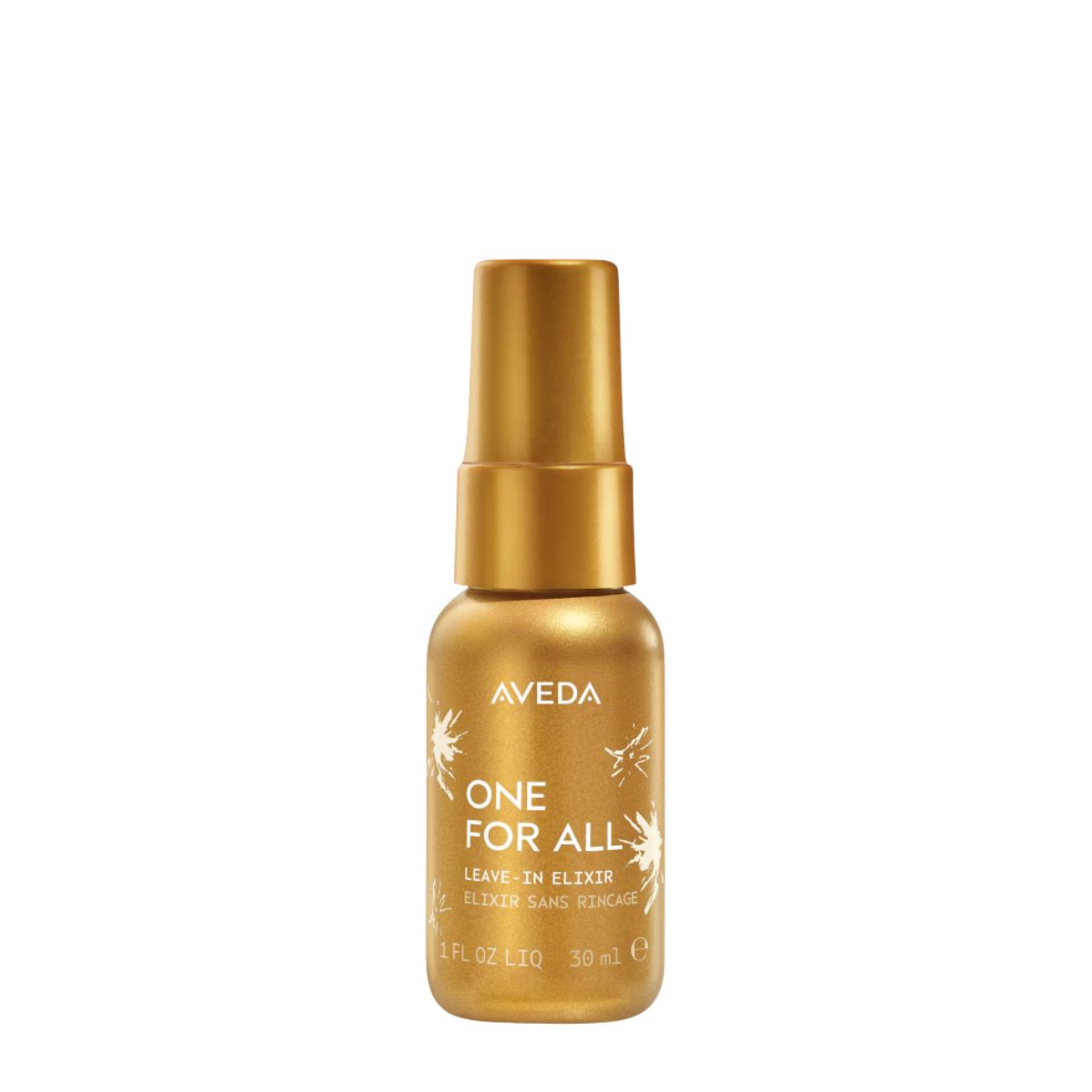 Aveda One For All Leave-in Elixir 30ml Gold spray bottle of AVEDA One For All Leave-In Elixir (30 ml) on a white background, product photo