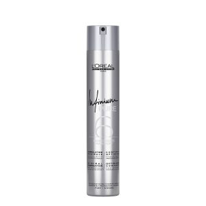 Tall silver can of L'Oréal Professionnel Infinium Pure hair spray with pump nozzle, standing upright.