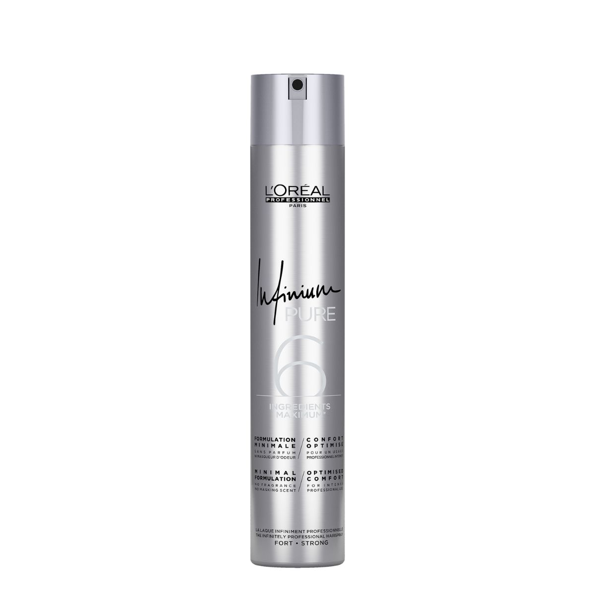 L'Oréal Professionnel Infinium Pure Strong 500ml Tall silver can of L'Oréal Professionnel Infinium Pure hair spray with pump nozzle, standing upright.