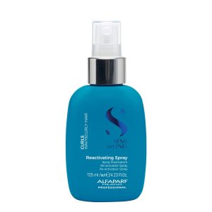 Blue spray bottle of Semi Di Lino Reactivating Spray for curls and wavy hair, with clear spray nozzle and silver cap