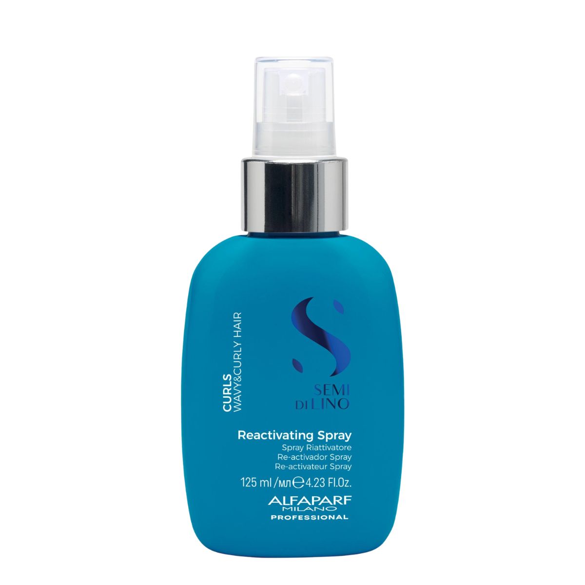 Alfaparf Milano Professional Semi di Lino Curls Reactivating Spray 125ml Blue spray bottle of Semi Di Lino Reactivating Spray for curls and wavy hair, with clear spray nozzle and silver cap