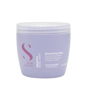 Purple jar of smoothing hair mask with a clear lid, labeled 'Smoothing Mask' by Alfaparf Milano Semi di Lino (lavender tub).