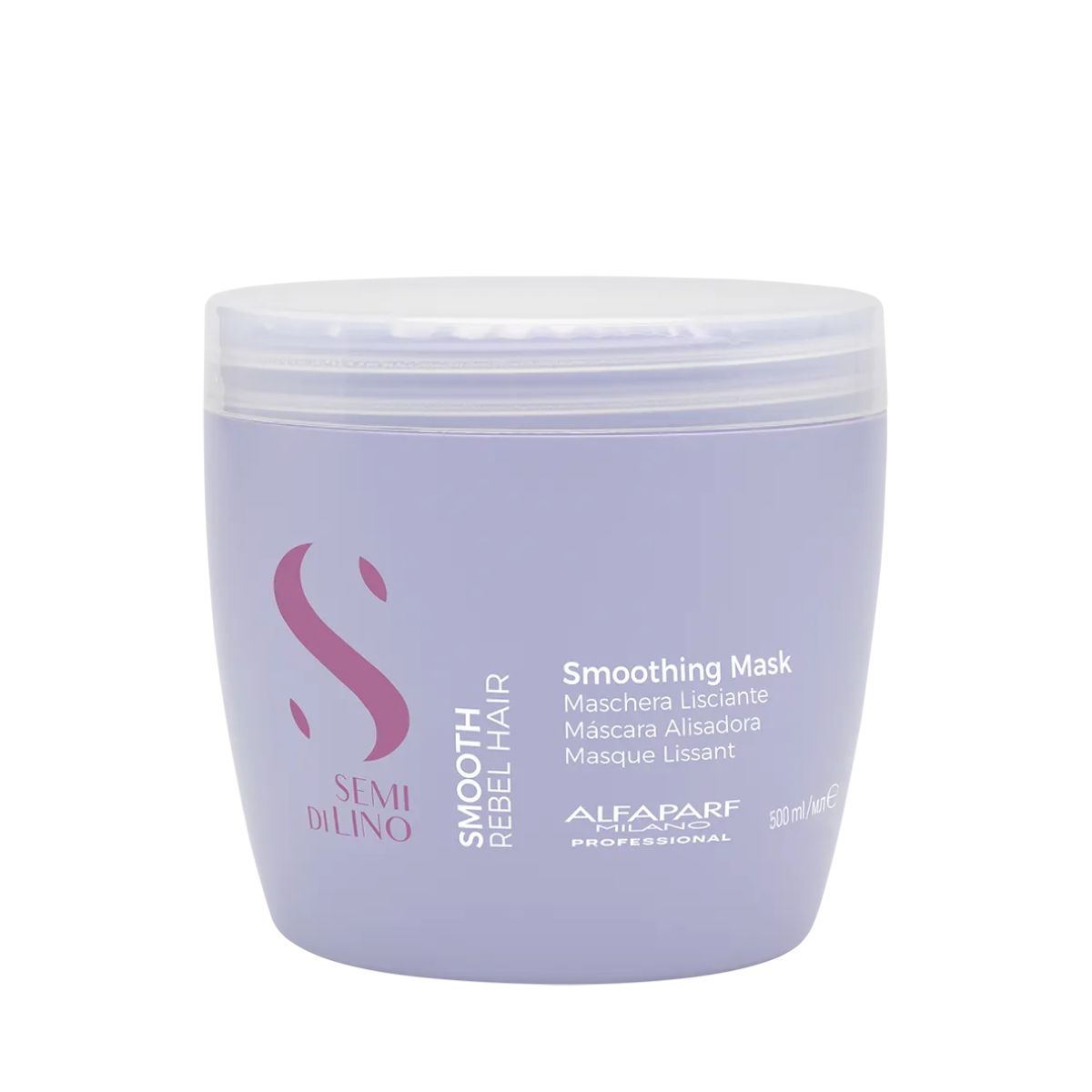 Alfaparf Milano Professional Semi di Lino Smoothing Mask 500ml Purple jar of smoothing hair mask with a clear lid, labeled 'Smoothing Mask' by Alfaparf Milano Semi di Lino (lavender tub).