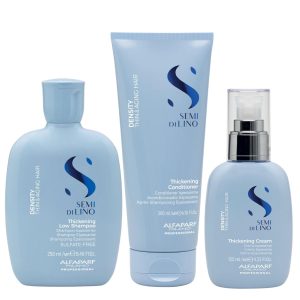 Set of three Semi Di Lino Density Thickening hair products (shampoo, conditioner, and cream) in light-blue bottles by Alfaparf Milano on a white background.