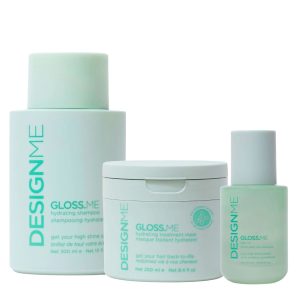 Mint-green DESIGN.ME Gloss.Me hair care trio: hydrating shampoo bottle, treatment mask jar, and hair oil bottle on a white background.